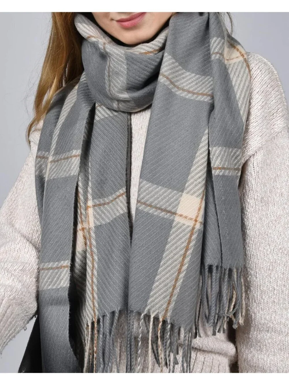 Women's Grey Shawl Soft Tassel Plaid Large Scarves Wraps Neck Scarves